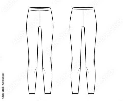 Leggins technical fashion illustration with elastic waistband. Flat sport training pants, casual knit trousers apparel template front, back, white color. Women men unisex yoga fitness gym CAD mockup