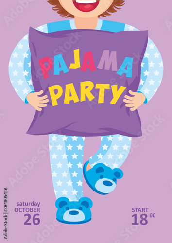 PAJAMA PARTY FLAYER DESIGN WITH BOY CHARACTER. VECTOR ILLUSTRATION, FLAYER, CARD