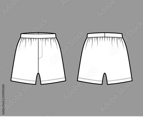 Boxer shorts underwear technical fashion illustration with loose silhouette, elastic band. Flat trunks Underpants lingerie template front, back, white color. Women men unisex Kacchera CAD mockup 