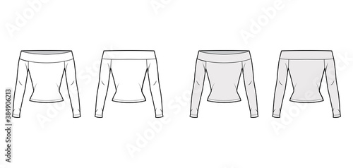 Off-the-shoulder stretch top technical fashion illustration with long sleeves, close-fitting shape. Flat shirt outwear apparel template front back white grey color. Women, men unisex blouse CAD mockup
