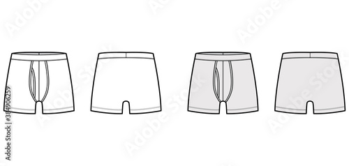Boxer briefs underwear technical fashion illustration with elastic waistband, Athletic-skin-tight. Flat trunks Underpants lingerie template front back white grey color. Women men unisex CAD mockup