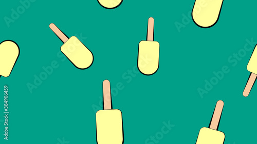 ice cream sweet, milk, popsicle white on a stick on a green background, vector illustration, pattern. a delicious dessert for children and adults. wallpaper for shop with desserts