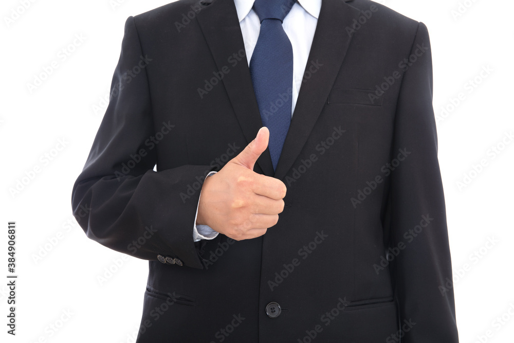 Thumbs up male hand in black suit Thumbs up male hand in black suit