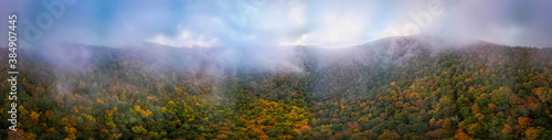 Aerial Panorama of Great Smoky Mountains Covered in low hanging clouds taken from one of Blue Ridge Parkway overlook spots