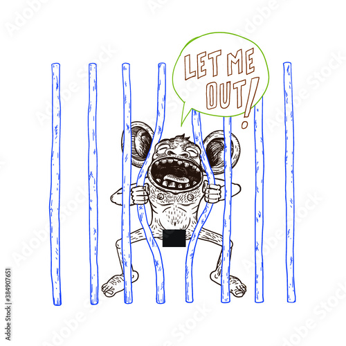 screaming monkey animal try to get out from limbo, doodle vector illustration