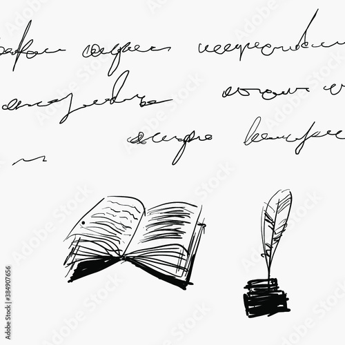 inkwell and book, poetry doodle style, isolated vector illustration. 