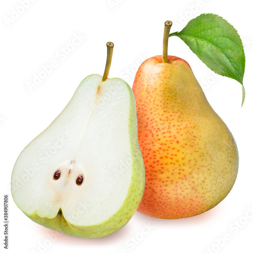 Fresh pears isolated on white background, Red pear with cut piece on a white with clipping path 