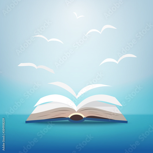 Open book with page flying as bird teamwork paper art style.Imagination for Education, idea and learning concept.