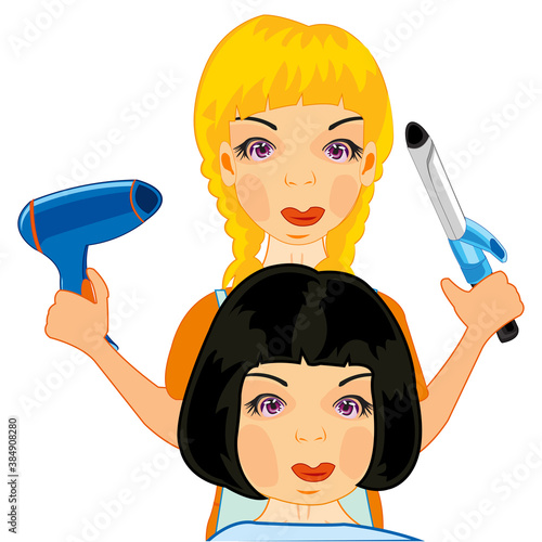 Making look younger girl beside master in barbershop