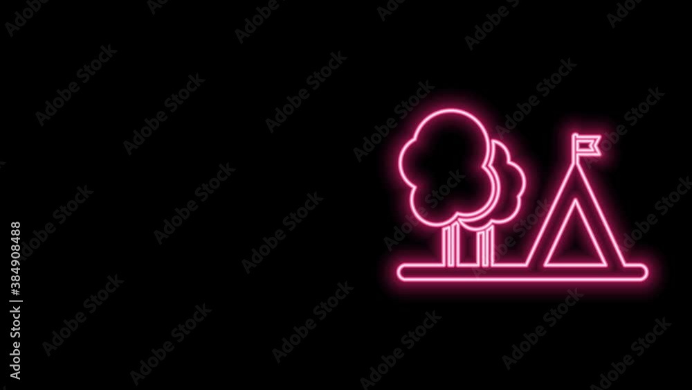 Glowing neon line Tourist tent with flag icon isolated on black background. Camping symbol. 4K Video motion graphic animation Glowing neon line Tourist tent with flag icon isolated on black background. Camping symbol. 4K Video motion graphic animation
