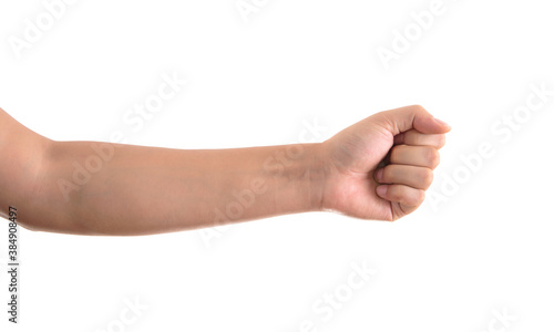 A punched hand in front of a white background