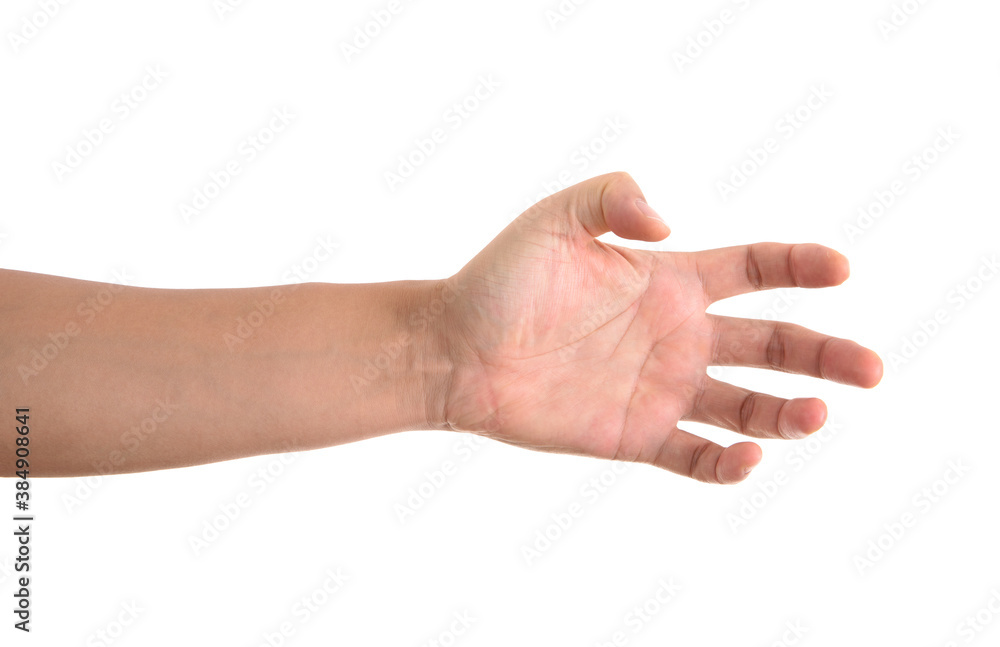 A hand making a grabbing gesture in front of a white background