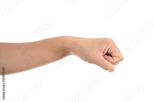 A punched hand in front of a white background