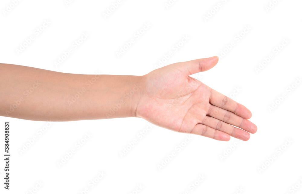 In front of a white background, a five-finger stretched out a hand ready for a handshake In front of a white background, a five-finger stretched out a hand ready for a handshake
