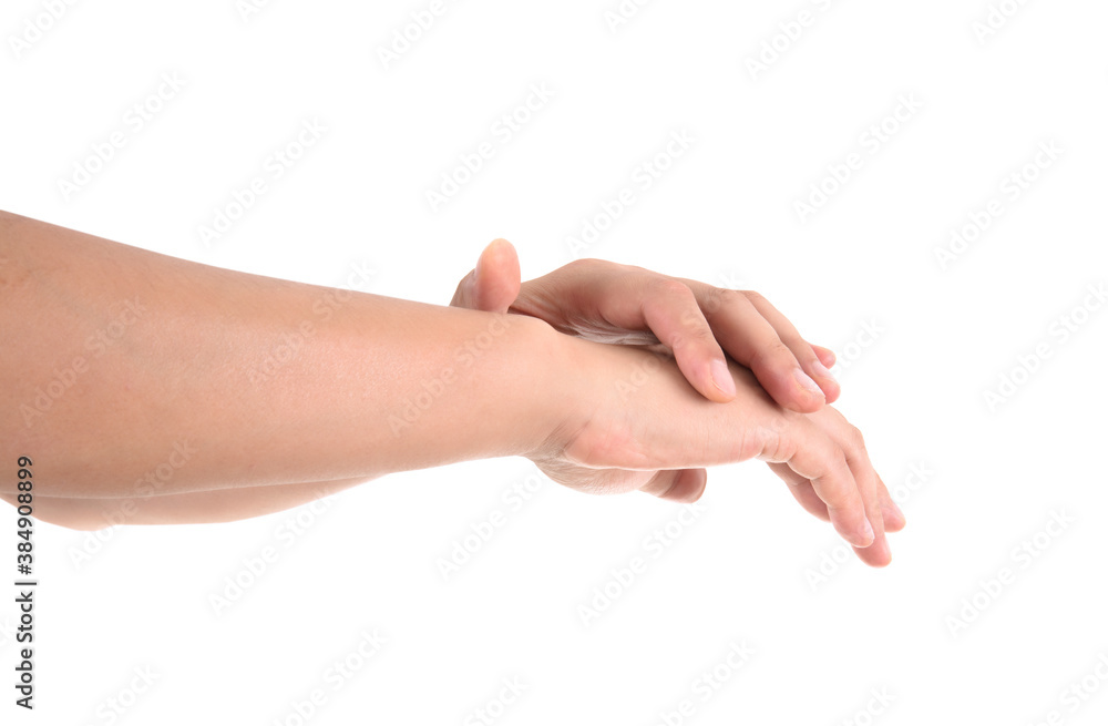 One hands are touching each other or rubbing oil in front of a white background