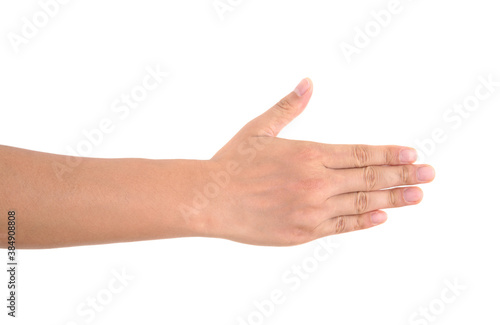 Hand with a hand turned towards the camera in front of white background