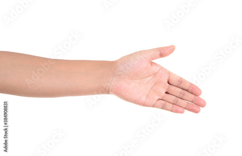 In front of a white background, a five-finger stretched out a hand ready for a handshake