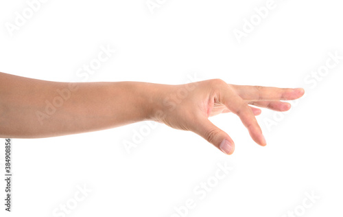 Pinch something with one hand in front of a white background