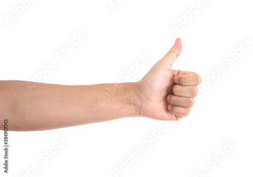 Thumbs up in front of a white background