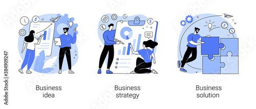 Business plan abstract concept vector illustration set. Business idea, strategy and solution, company achievement, problem solving, decision making, effective performance, roadmap abstract metaphor.