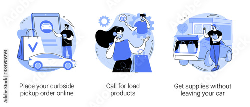 Curbside pickup abstract concept vector illustration set. Place your curbside pickup order online, get supplies without leaving car, call for load products, contactless payment abstract metaphor.