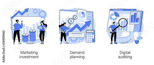 Marketing accounting abstract concept vector illustration set. Marketing investment, demand planning, digital auditing, business plan, finance management, digital sales, revenue abstract metaphor.