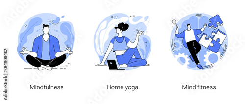 Mental health abstract concept vector illustration set. Mindfulness, home yoga, mind fitness, self-consciousness, focusing and releasing stress, anxiety treatment, quarantine abstract metaphor.