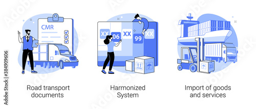 International logistics abstract concept vector illustration set. Road transport documents, harmonized system, import of goods and services, CMR, HTS code service, trading goods abstract metaphor.