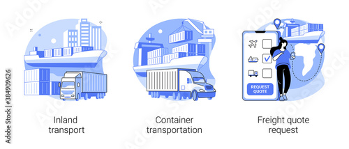 Logistics service provider abstract concept vector illustration set. Inland transport, container transportation, freight quote request, land port, ship loading, shipping proposal abstract metaphor.