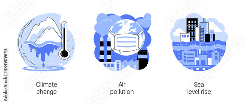 Greenhouse effect abstract concept vector illustration set. Climate change, air pollution, sea level rise, urban smog, global warming, melting ice, world ocean, factories pollution abstract metaphor.