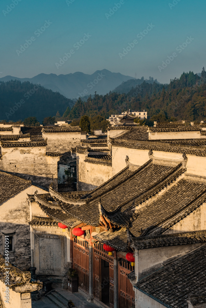 Sunrise view of the architectures in Xidi village, an ancient Chinese village in Anhui Province, China, a UNESCO world cultural heritage site.