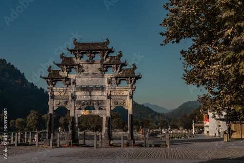 Pailou, an ancient memorial archway in Xidi village, an ancient Chinese village in Anhui Province, China, a UNESCO world cultural heritage site. photo