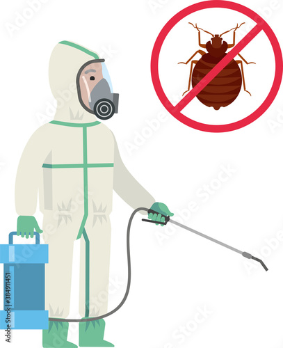 A disinfector in a protective suit, in a mask with disinfection equipment, sprays a disinfectant. Fighting bedbugs. Disinfection. Flat infographics. Vector illustration