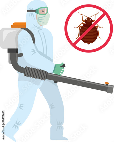 A disinfector in a protective suit, in a mask with disinfection equipment, sprays a disinfectant. Fighting bedbugs. Disinfection. Flat infographics. Vector illustration