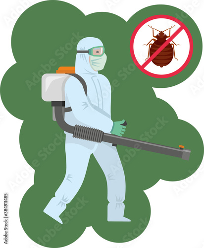 A disinfector in a protective suit, in a mask with disinfection equipment, sprays a disinfectant. Fighting bedbugs. Disinfection. Flat infographics. Vector illustration