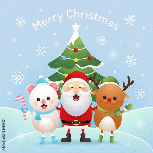 Merry christmas illustration with cute polar bear, deer and santa vector © OreNyee