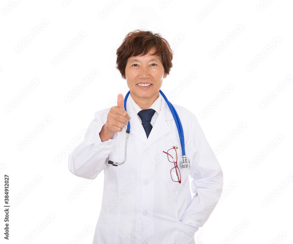 Female doctor in white coat shows appreciation with thumbs up Female doctor in white coat shows appreciation with thumbs up