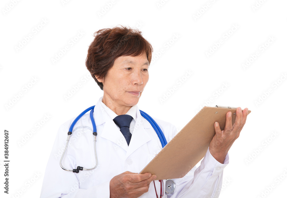 Front view of Chinese female doctor holding folder in white background Front view of Chinese female doctor holding folder in white background