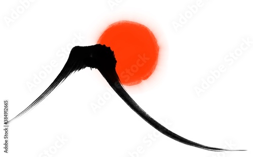 富士山と日の出の水墨画