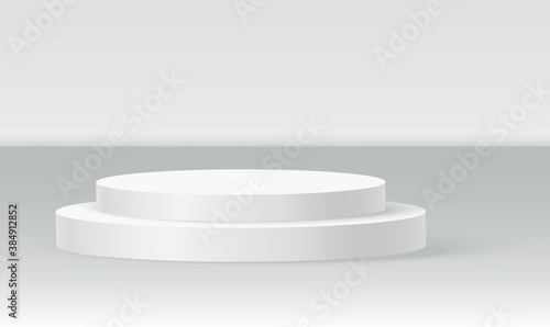Single disc podium scene, winner pedestal. White cylinder template for showroom podium scene. Vector white pedestal for product presentation.