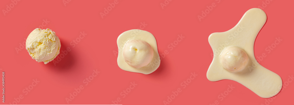 top view process of vanilla flavor ice cream ball melting on pink background
