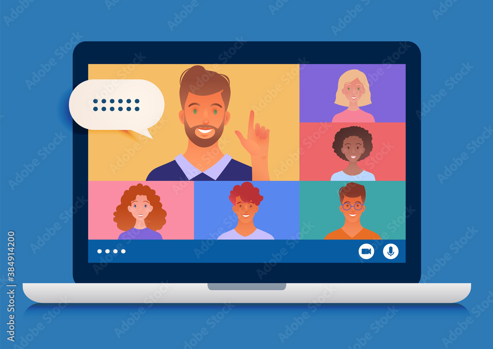 Business group meeting being held via video conference using laptop computer chatting with colleagues online. Vector illustration Business group meeting being held via video conference using laptop computer chatting with colleagues online. Vector illustration
