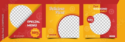 Set of editable square banner template design with pizza theme. Flat design background vector isolated. Usable for social media restaurant, food store and culinary promotion