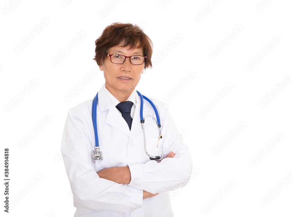 Fototapeta premium Female doctor in white lab coat with hands crossed in front of white background