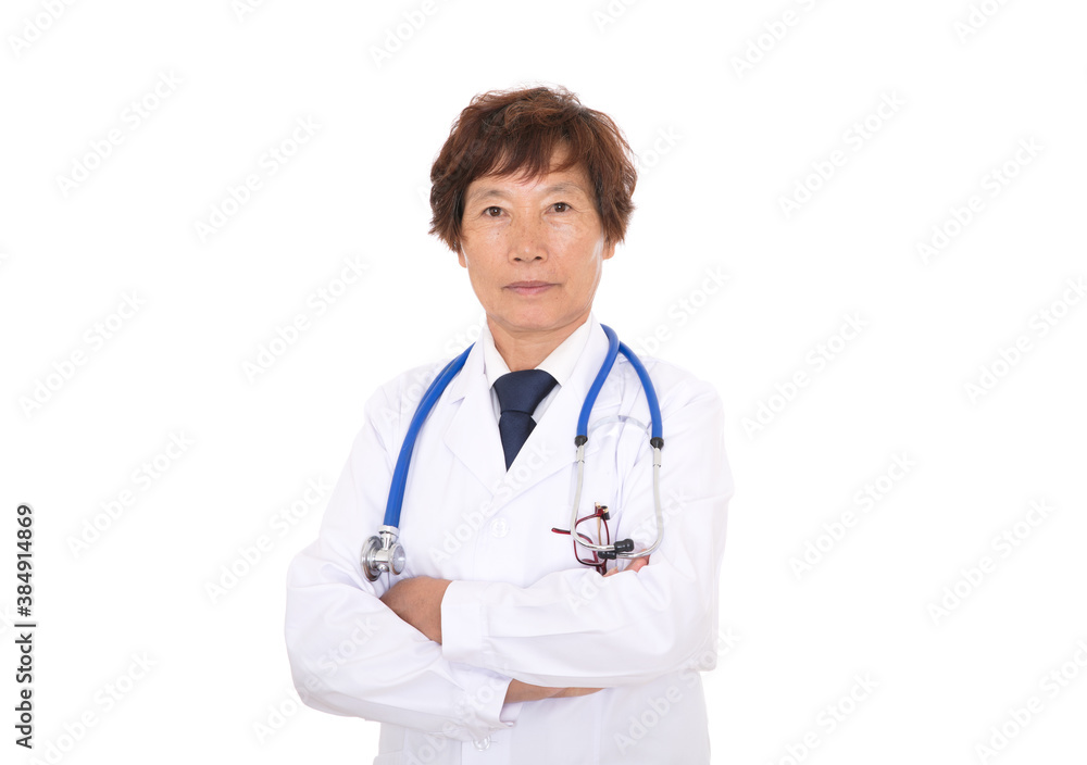 Female doctor in white lab coat with hands crossed in front of white background Female doctor in white lab coat with hands crossed in front of white background
