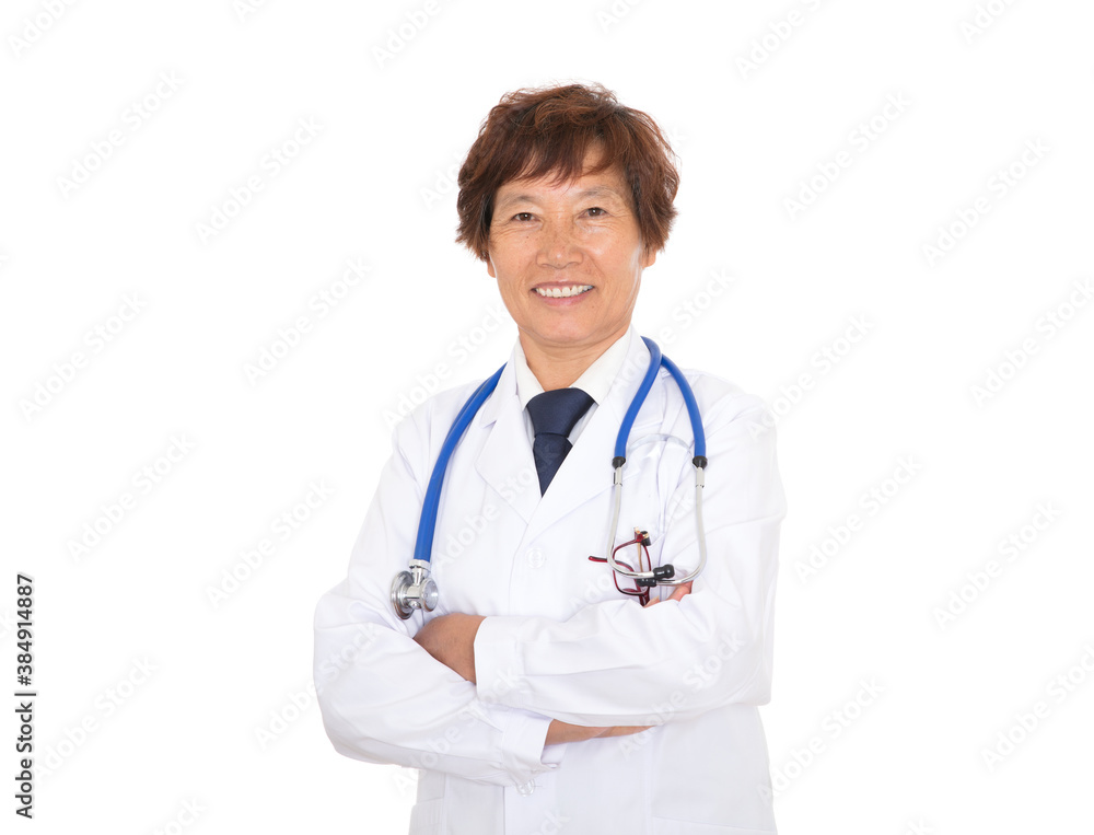 Female doctor in white coat with crossed hands smiling and looking at camera Female doctor in white coat with crossed hands smiling and looking at camera