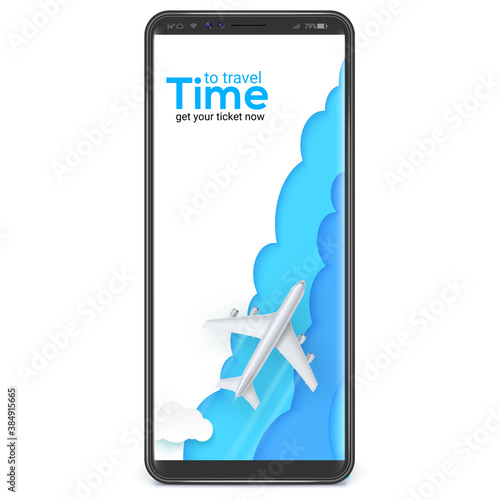 Plane is flying on stylish multi layered sky on smartphone screen X sizes. Time to travel. Vector template for travel and touristic agencies. Phone UI.