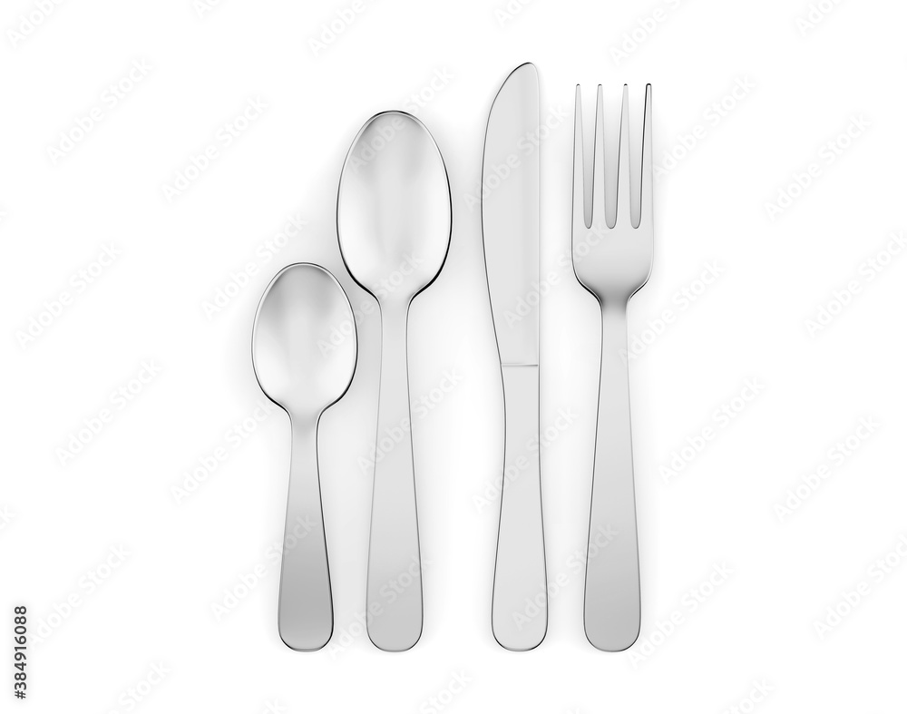 Fancy Design Stainless Steel Dinner Fork Knife And Spoon Flatware Set For Mockup And Branding. 3d render illustration. Fancy Design Stainless Steel Dinner Fork Knife And Spoon Flatware Set For Mockup And Branding. 3d render illustration.