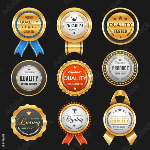 Business labels with vector gold badges of premium quality certificates. Best product award ribbon rosettes with glossy golden stars, royal crowns and winner trophy cups, laurel wreath and tapes