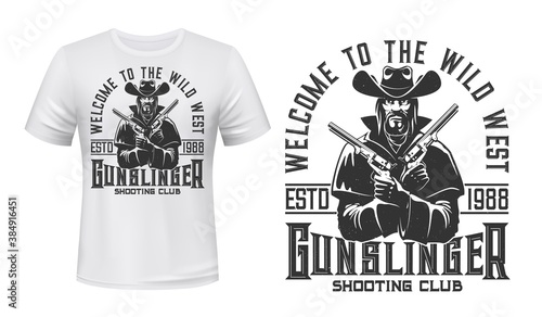 Gangster or bandit character t-shirt vector mockup. Man in cowboy hat and cloak, holding guns in hands, crossing revolvers on chest. Shooting club apparel print with wild west, western gunslinger